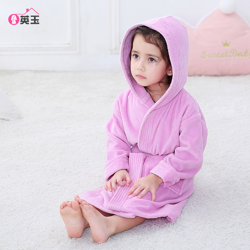儿童浴袍A类纯棉割绒毛巾料加厚带帽男I女童浴衣吸水可穿浴巾四季