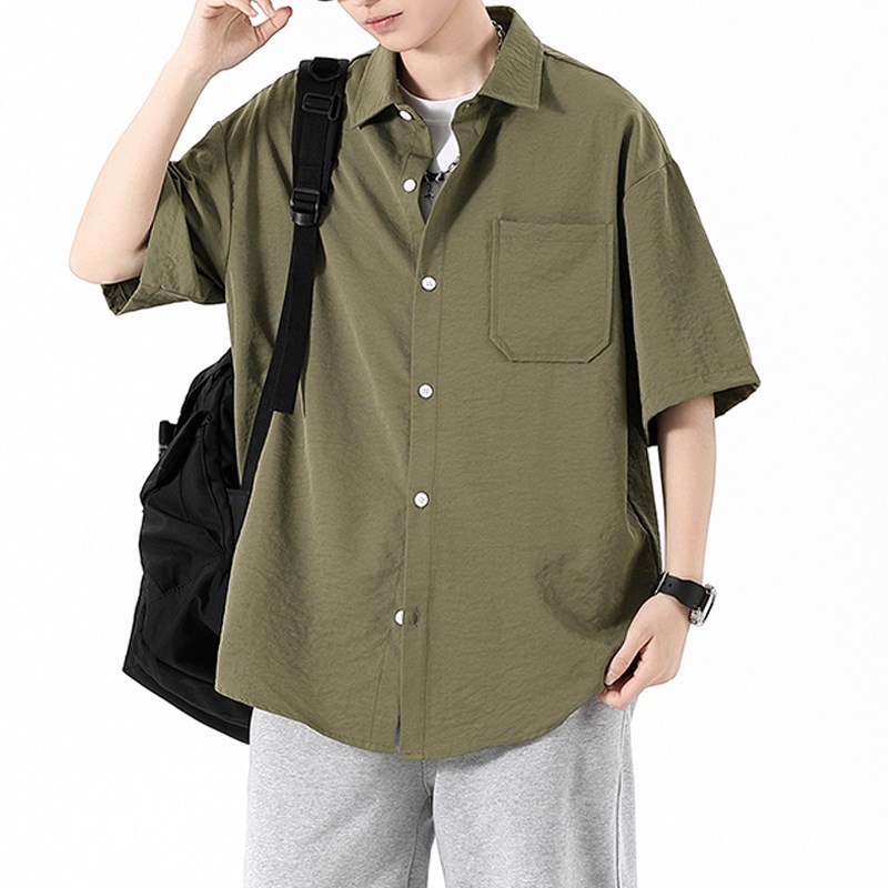 夏季冰丝潮流短袖衬衫日系男生大码薄款宽松休闲外穿衬衣纯色百搭