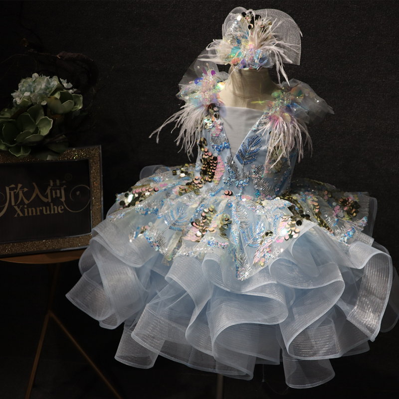 儿童蓝色短款奢华亮片儿童礼服演出服裙蓬蓬裙花童快乐阳光主持