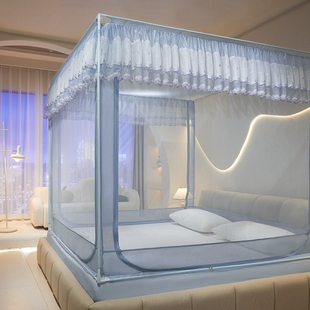 三开门家用卧室防尘坐床纹账2024新 儿童防摔a蚊帐刺绣花边床笠式