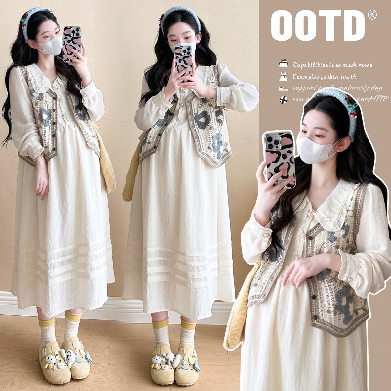 孕妇装2025春季新款韩版中长款过膝长袖连衣裙潮妈减龄马甲两件套