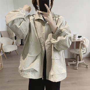春秋季 宽松大码 立领外套女式 新款 口袋减龄上 显瘦简约L基础款 韩版