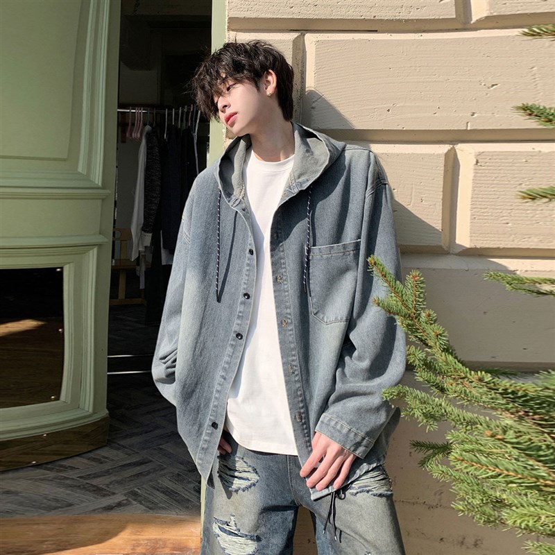 春季新款连帽牛仔外套男生潮牌潮流春秋款宽松情侣装时尚休闲夹克