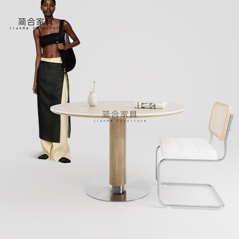 法式复古原木风洞石岩板圆形餐桌中古风小户型奶油单柱圆餐桌椅