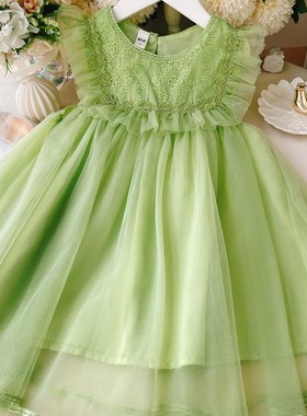 公主裙女童裙子绿色小女孩连衣裙蝴蝶结儿童夏装纱裙女宝宝蕾丝裙