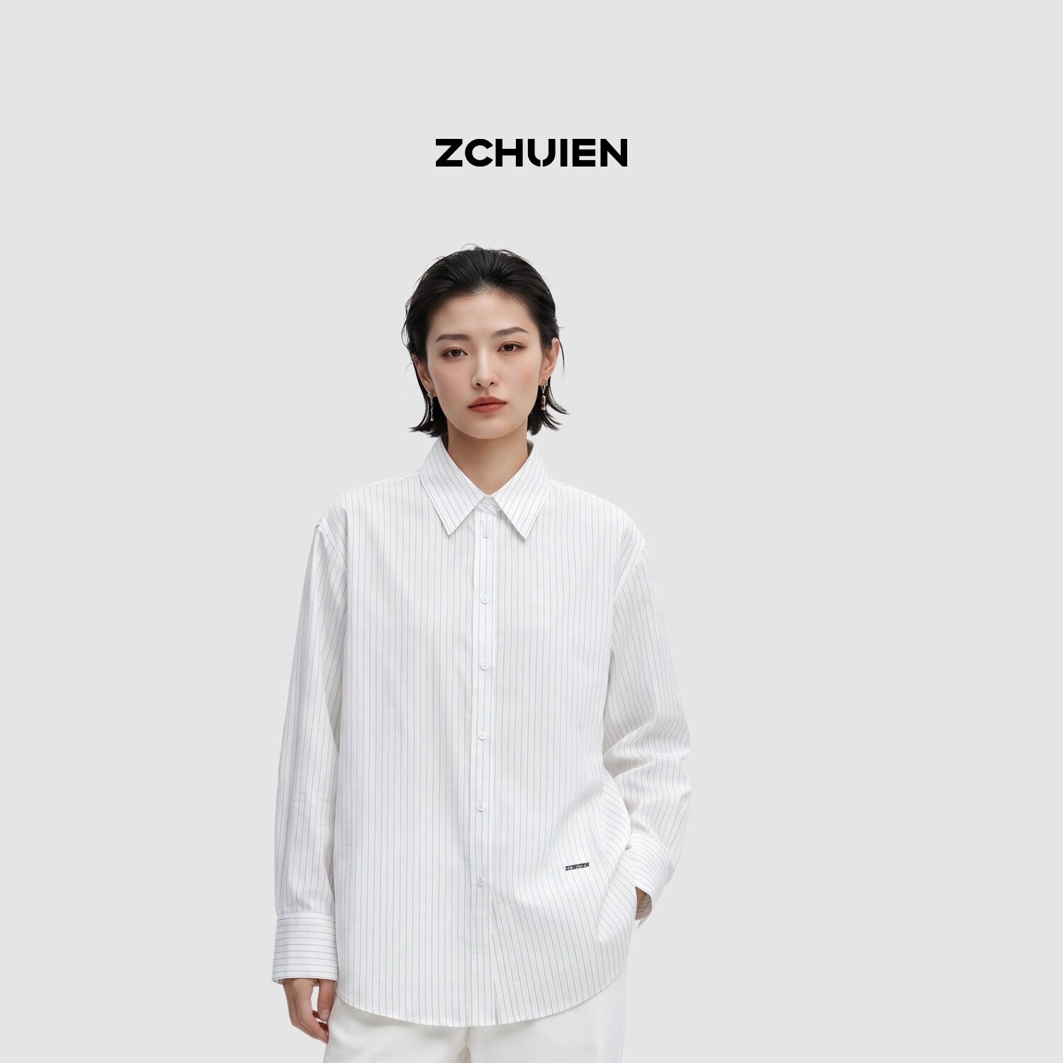 极简白色条纹宽松长袖通勤衬衫女图片