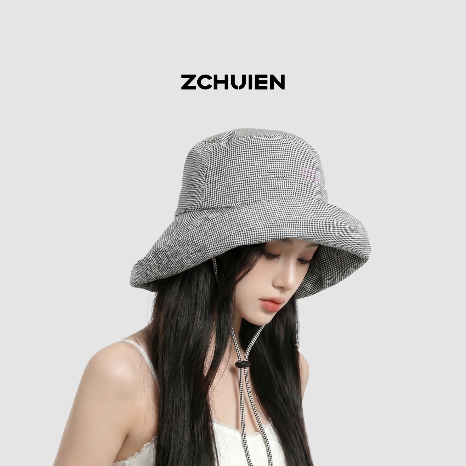 ZCHUIEN千鸟格女大檐防晒渔夫帽图片