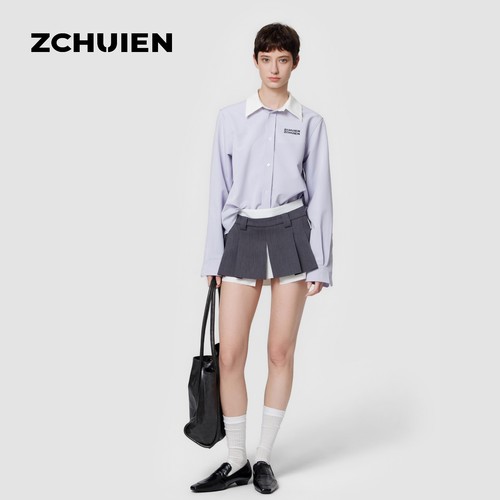 学院风长袖翻领系扣长袖衬衫女