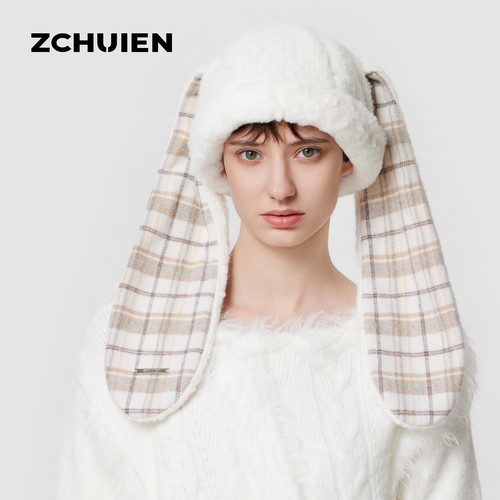 复古格纹毛绒兔耳朵帽子女秋冬