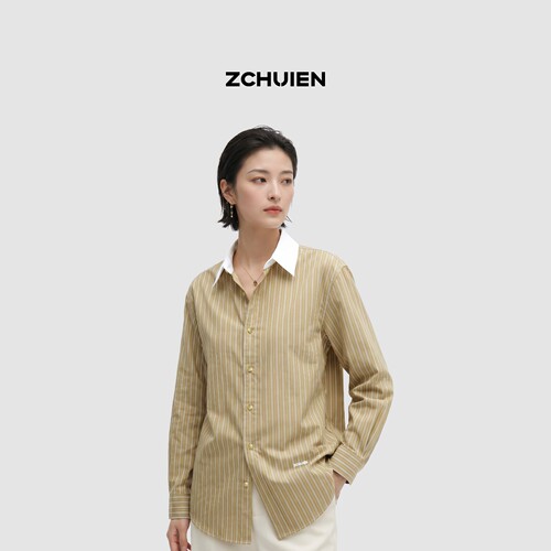 ZCHUIEN条纹长袖翻领衬衫女