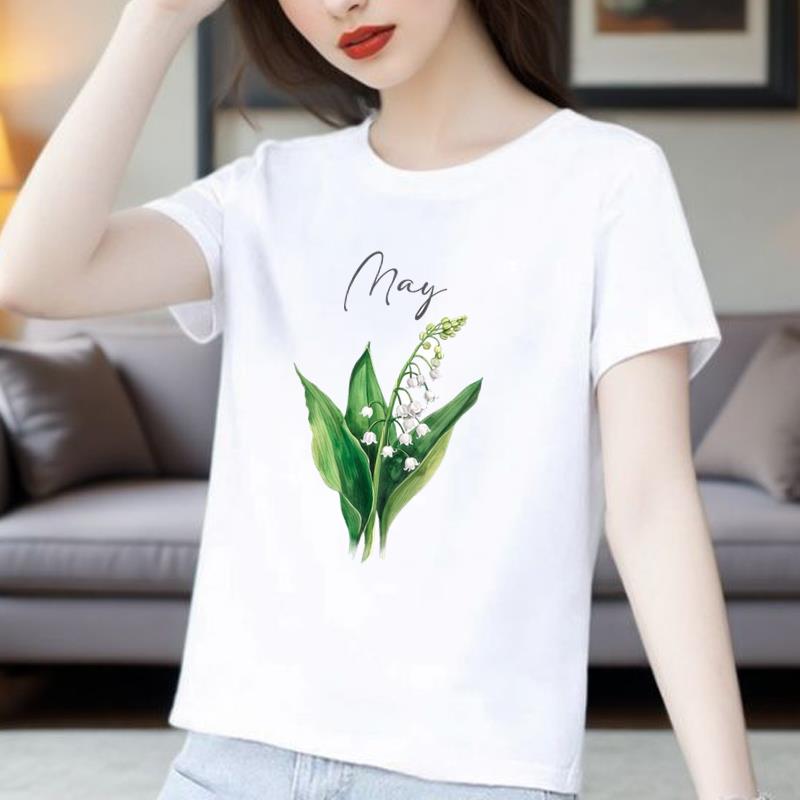 圆领短袖外穿休闲通勤花朵植物新款印花打底衫时尚洋气ins女T恤