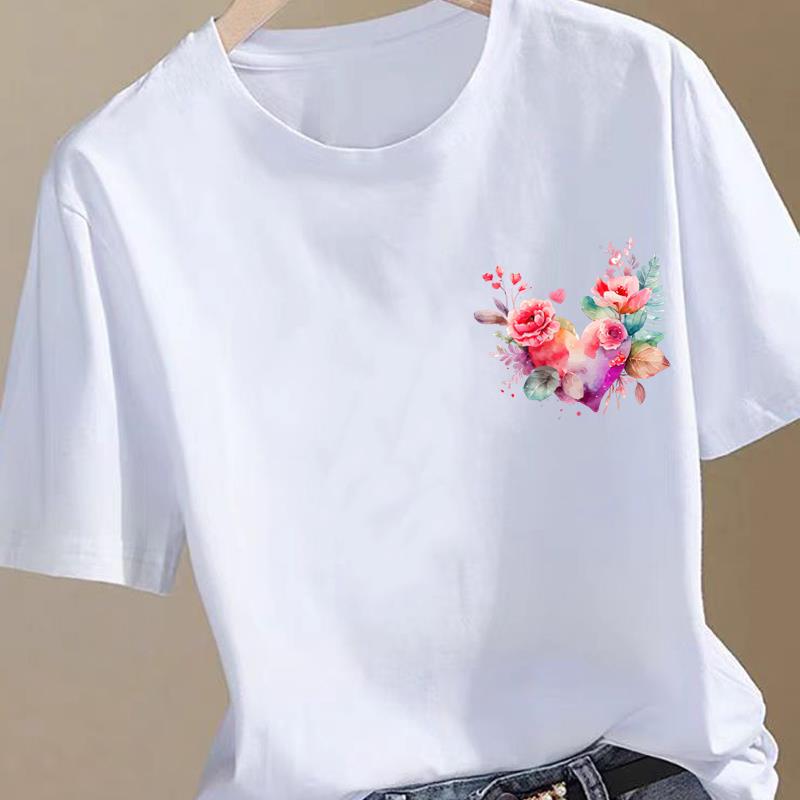 心形花朵韩版印花上衣圆领女夏装时尚洋气ins网红休闲通勤短袖T恤