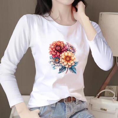 女春秋冬季网红花朵时尚韩版通勤圆领洋气印花休闲ins上衣长袖T恤