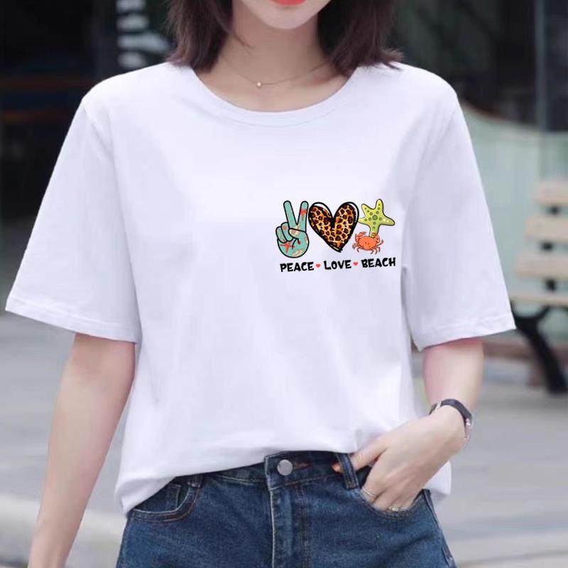 豹纹沙滩印花上衣时尚洋气ins网红女夏装圆领韩版休闲通勤短袖T恤
