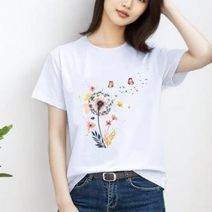 休闲通勤印花新款 T恤 上衣外穿植物蝴蝶可爱时尚 洋气ins女圆领短袖