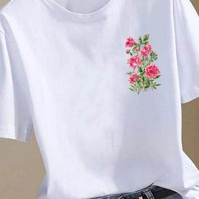 花卉正肩圆领女夏装韩版印花上衣时尚洋气ins网红休闲通勤短袖T恤