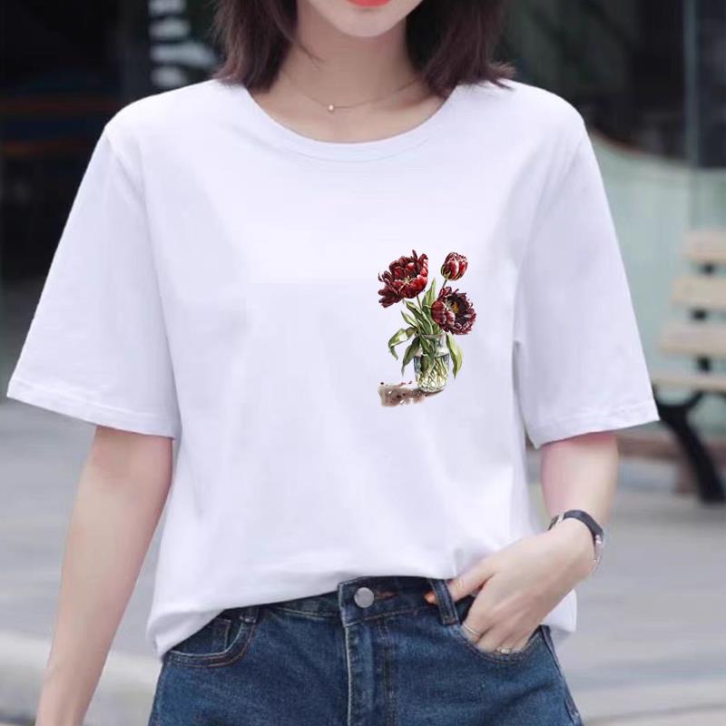 花卉气质印花上衣时尚洋气ins网红女夏装圆领韩版休闲通勤短袖T恤