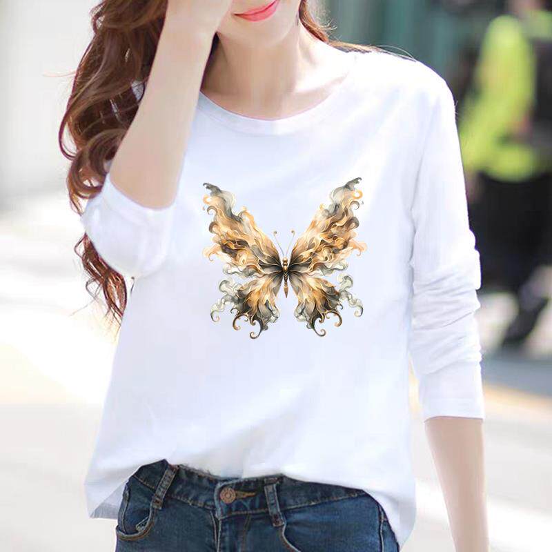 外穿蝴蝶印花女春秋冬季通勤圆领韩版洋气时尚休闲ins上衣长袖T恤