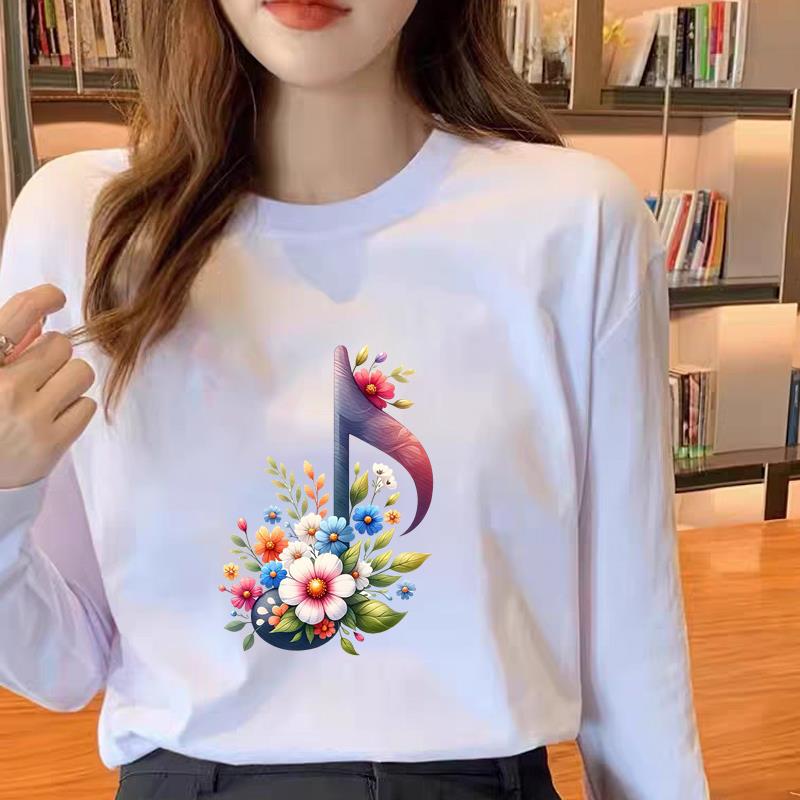 印花休闲女春秋冬季植物花卉时尚韩版通勤圆领洋气ins上衣长袖T恤