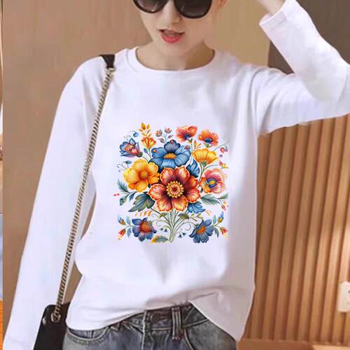 植物花卉韩版通勤圆领洋气印花女春秋冬季时尚休闲ins上衣长袖T恤
