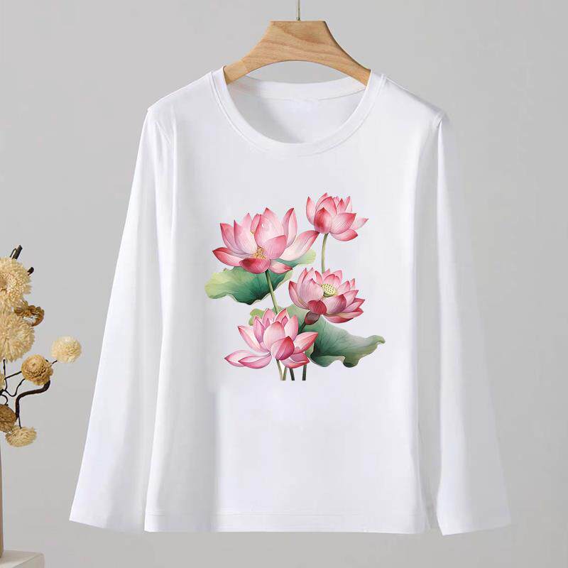 春秋外穿花朵冬季通勤洋气印花网红上衣圆领女时尚休闲ins长袖T恤