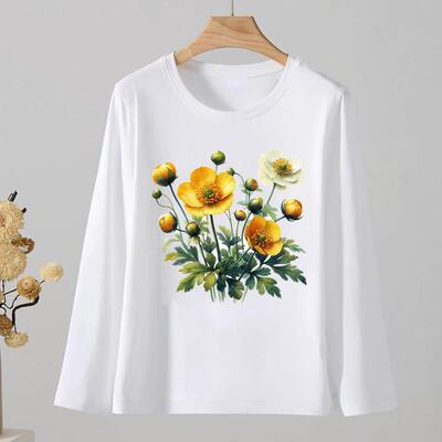 可爱花卉韩版通勤圆领洋气印花女春秋冬季时尚休闲ins上衣长袖T恤
