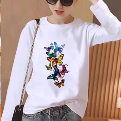蝴蝶可爱韩版通勤圆领洋气印花女春秋冬季时尚休闲ins上衣长袖T恤