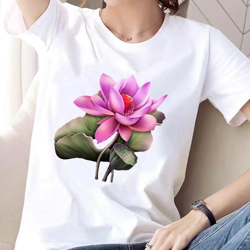 上衣网红时尚洋气ins印花女打底衫荷花流行圆领休闲通勤短袖T恤