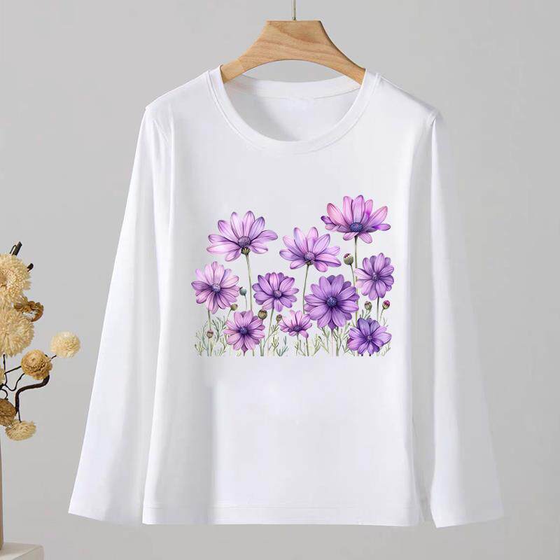 花朵花卉通勤圆领印花休闲女春秋外穿时尚韩版洋气ins上衣长袖T恤