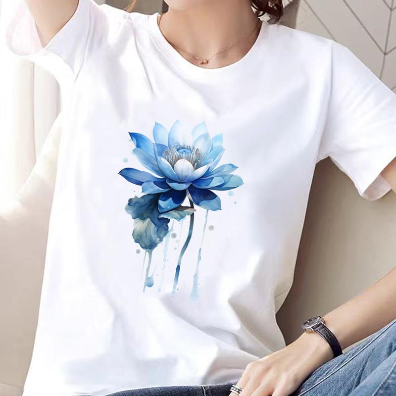 花朵可爱时尚洋气ins印花上衣网红女打底衫圆领休闲通勤短袖T恤