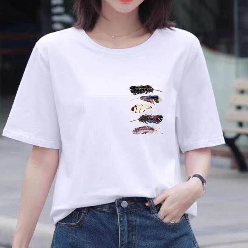 羽毛可爱印花上衣时尚洋气ins网红女夏装圆领韩版休闲通勤短袖T恤