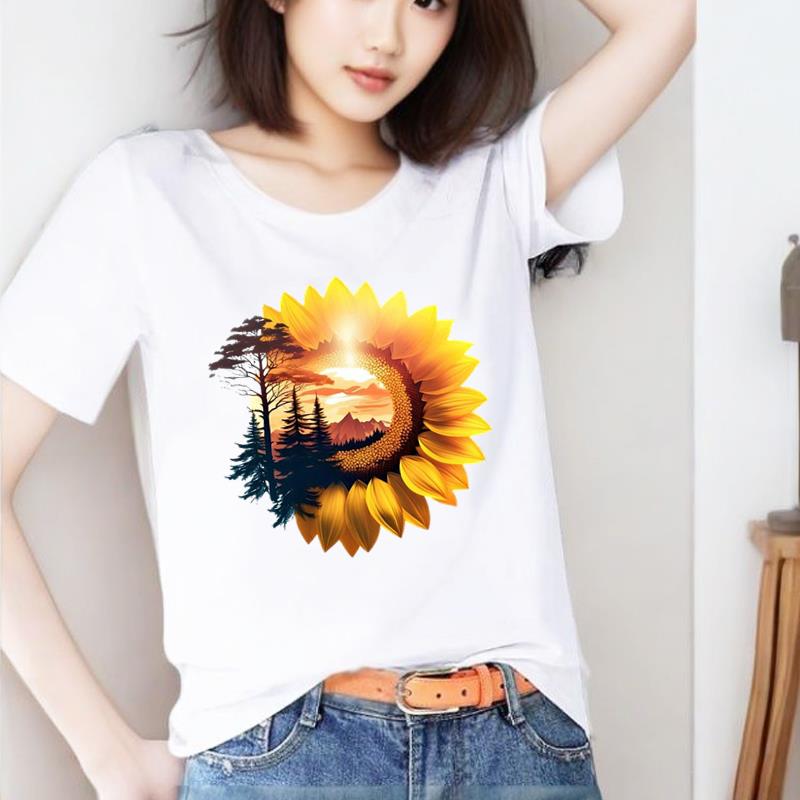 圆领印花打底衫短袖卡通花卉外穿休闲通勤新款时尚洋气ins女T恤