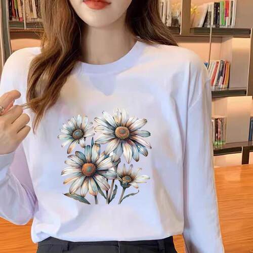 印花休闲女春秋冬季美式花卉时尚韩版通勤圆领洋气ins上衣长袖T恤