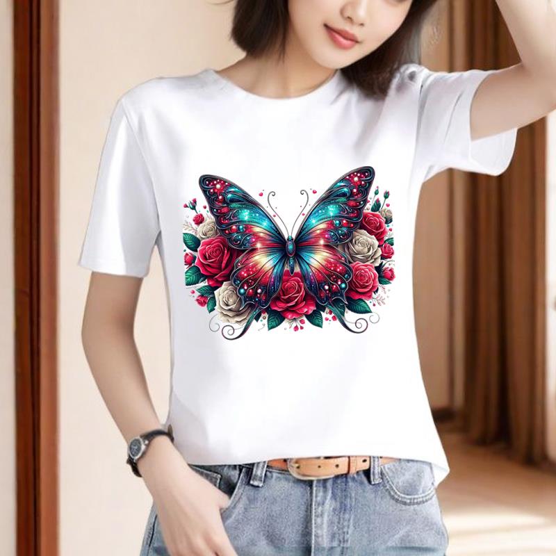 时尚洋气休闲通勤印花韩版服饰新款上衣外穿ins女圆领短袖T恤
