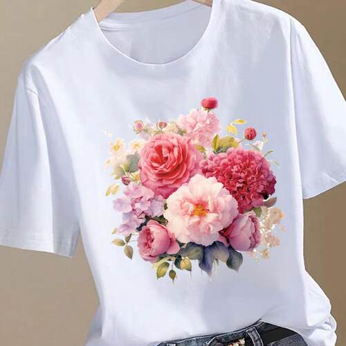 时尚洋气ins印花新款上衣休闲花朵可爱通勤女打底衫圆领短袖T恤