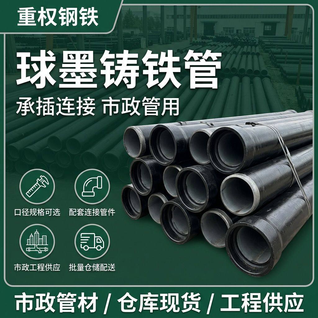 沥青外涂铸铁排水管市政球墨铸铁管承插铸管球墨管K8级批量供货