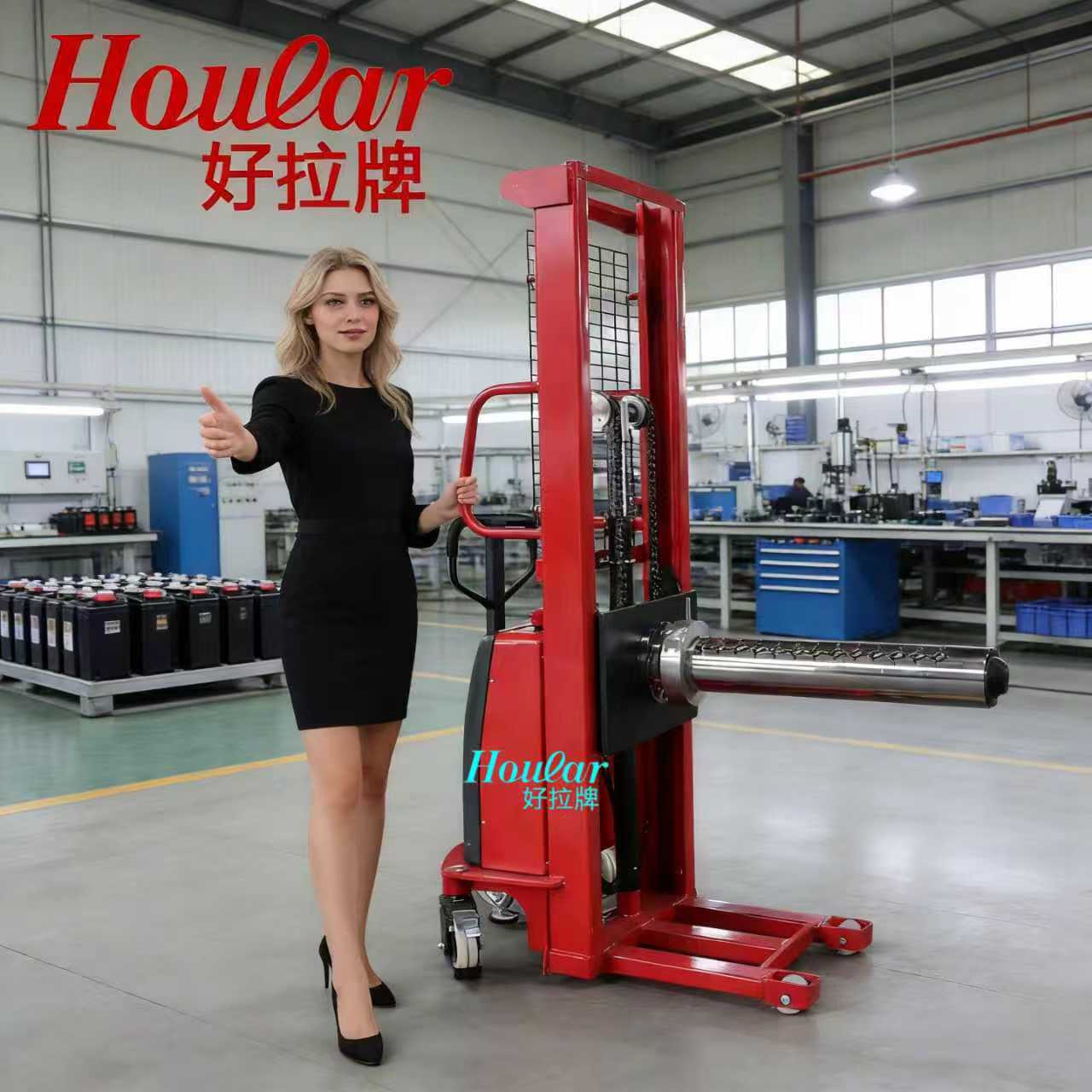hoular单轴上料全电动单臂串杆炮筒堆高车升降纸筒卷膜自动叉车