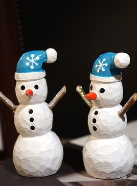 蓝帽堆雪人手工木雕小摆件可爱卡通圣诞节日氛围感装饰品桌面手办