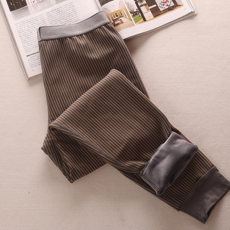 秋冬季加绒加厚防寒男士保暖裤竖条纹青年男生秋裤不倒绒裤毛裤