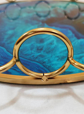 北欧风蓝色圆环托盘玛瑙纹玻璃托盘摆件样板房金属装饰品客厅餐桌