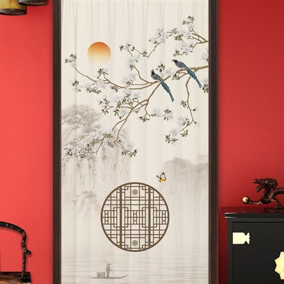 门帘透光不透人新中式花鸟鱼山水墨画装饰遮挡卧室客厅家用免打孔