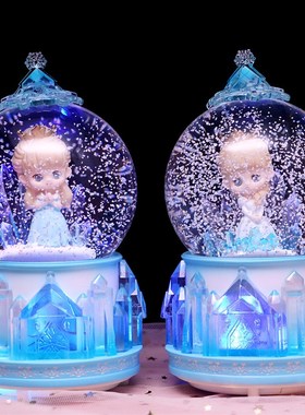 公主水晶球音乐盒旋转发光女孩卧室摆件飘雪八音盒儿童生日礼物女