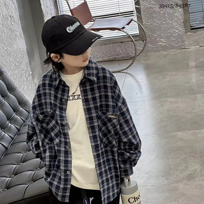 布芮欧童装2023秋季新款儿童格子衬衫男女中大童长款衬衣潮35915