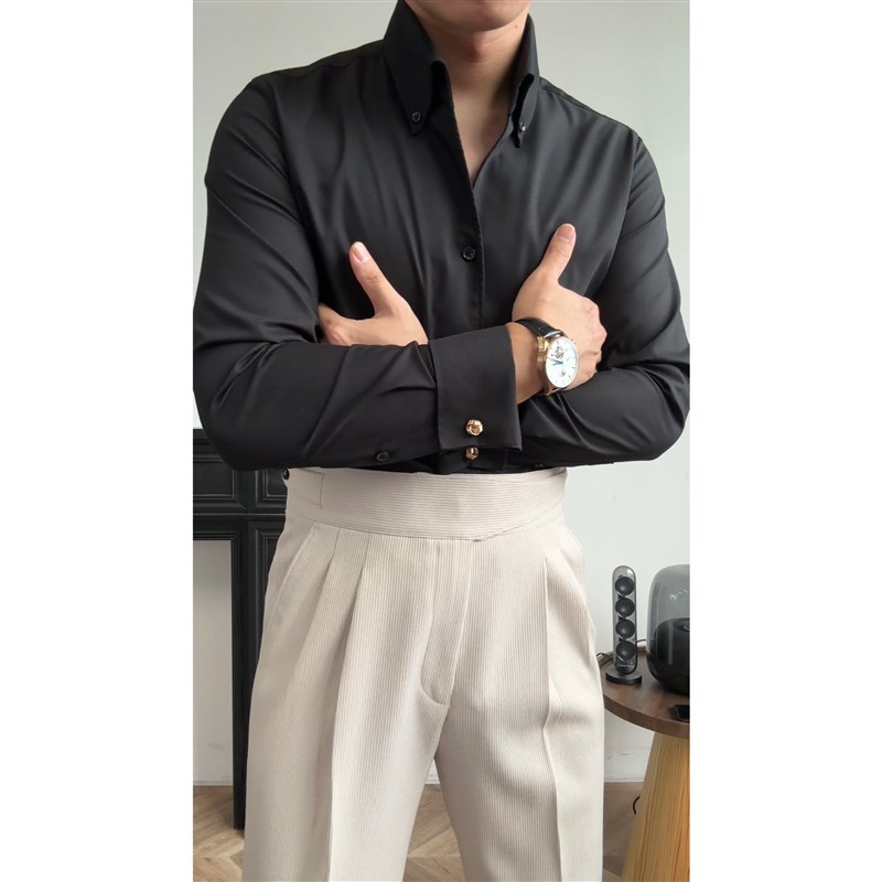 男士百搭透气法式袖扣时尚一片领衬衫048半开领免烫长袖时尚