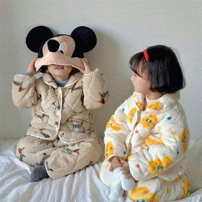 珊瑚绒儿童睡衣男童女童秋冬加厚加绒款三层夹棉宝宝法兰绒家居服