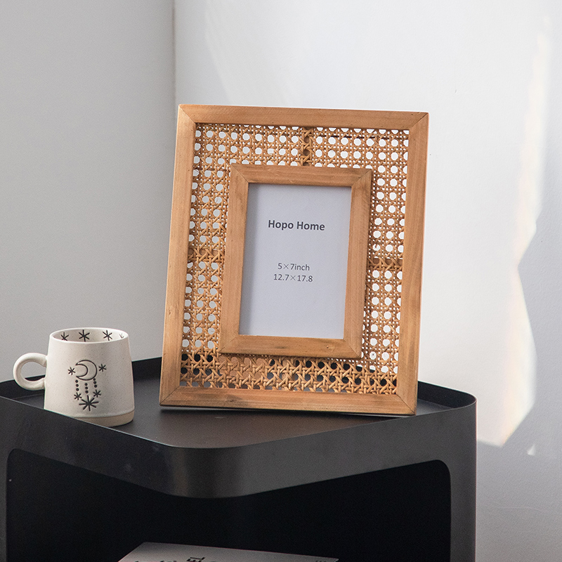 方形实木相框手工藤编木质7寸相框台式挂墙桌面摆台装饰DIY创意