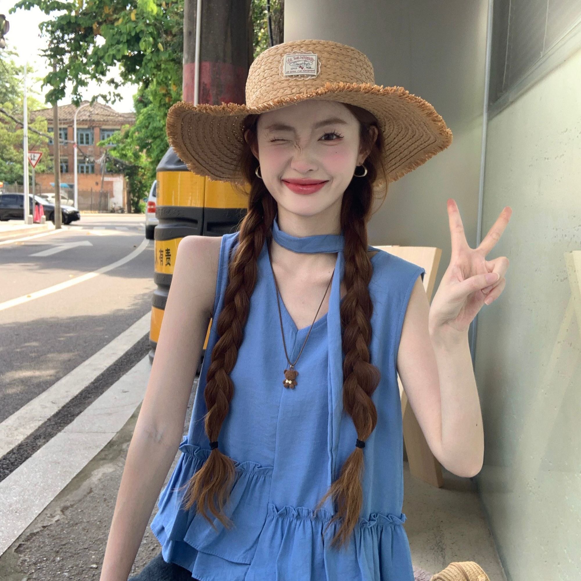 韩系V领背心女无袖夏季新款甜美不规则荷叶边显瘦减龄外穿上衣ins