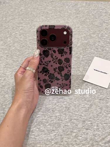 U2 复古酒红色蕾丝黑玫瑰适用苹果18promax双层iphone17防摔16手机壳