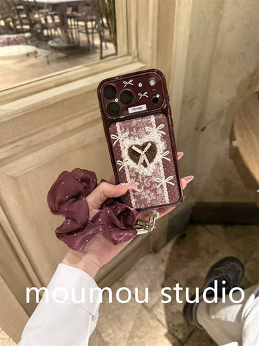 U2 ins韩系皮质蕾丝爱心适用于苹果18promax手机壳17pro保护套16女