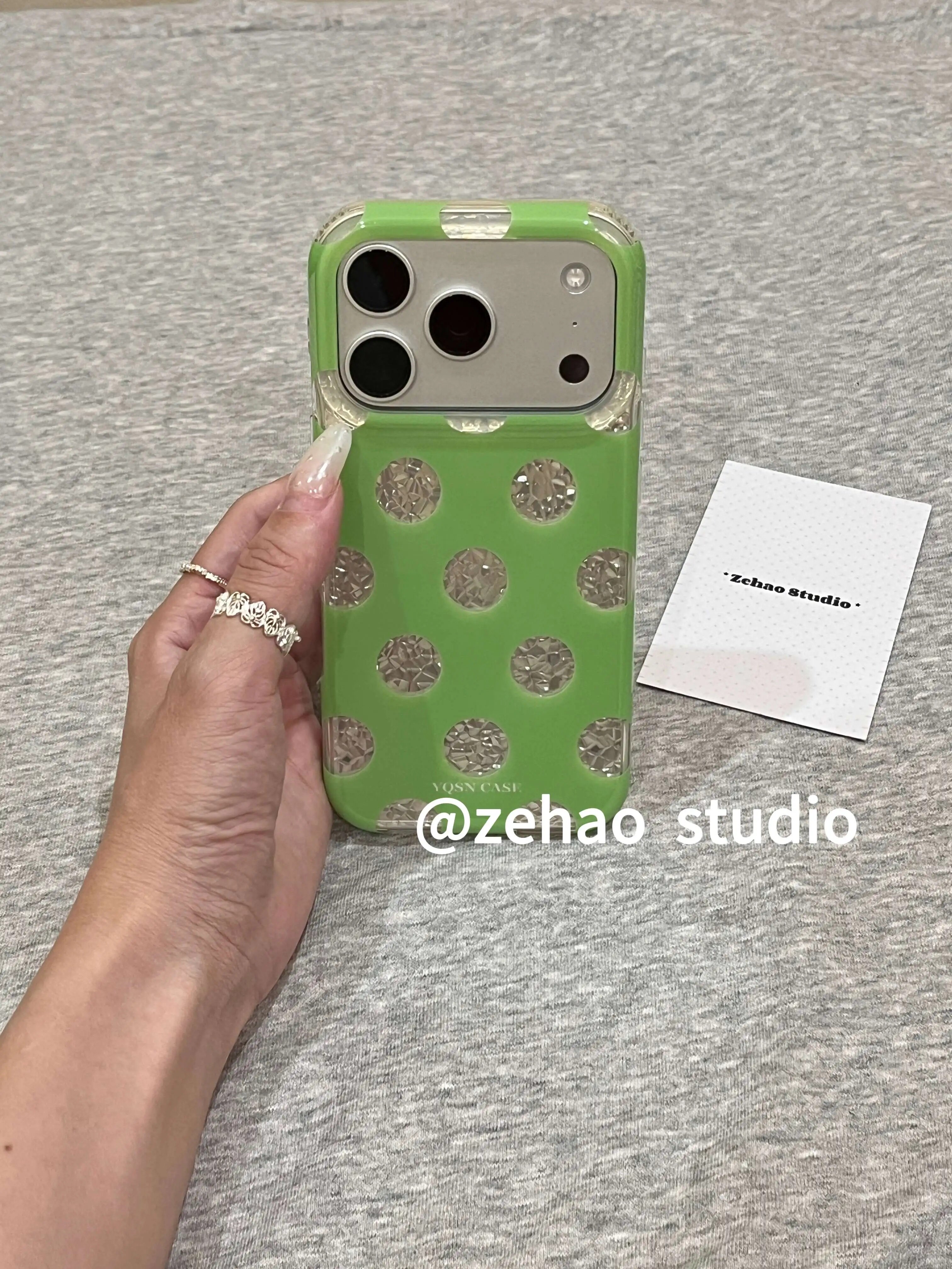 U2 青柠绿满屏钻石纹银波点适用苹果17promax新款小众手机壳iphone16小清新简约15防摔保护套